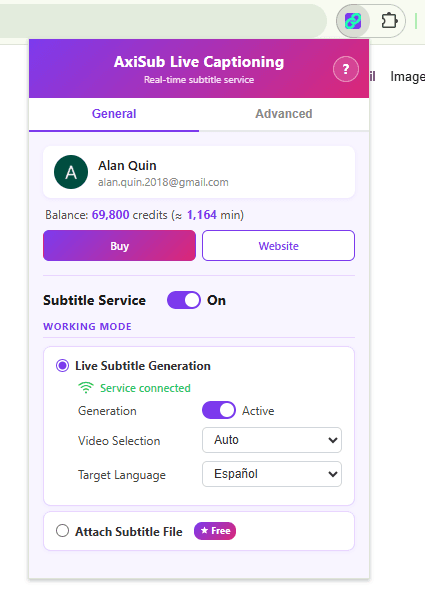 The AxiSub popup on the General tab, connected and ready.
